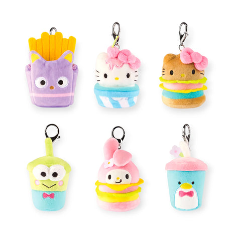 Dive into the delightful world of Hello Kitty Blind Bag - Snack Plushies! Discover six enchanting keychains: purple fries, pink and brown cats, a green drink, a lovable pink character with a burger, and a blue penguin drink. Collect them all through our exciting blind bag experience!.