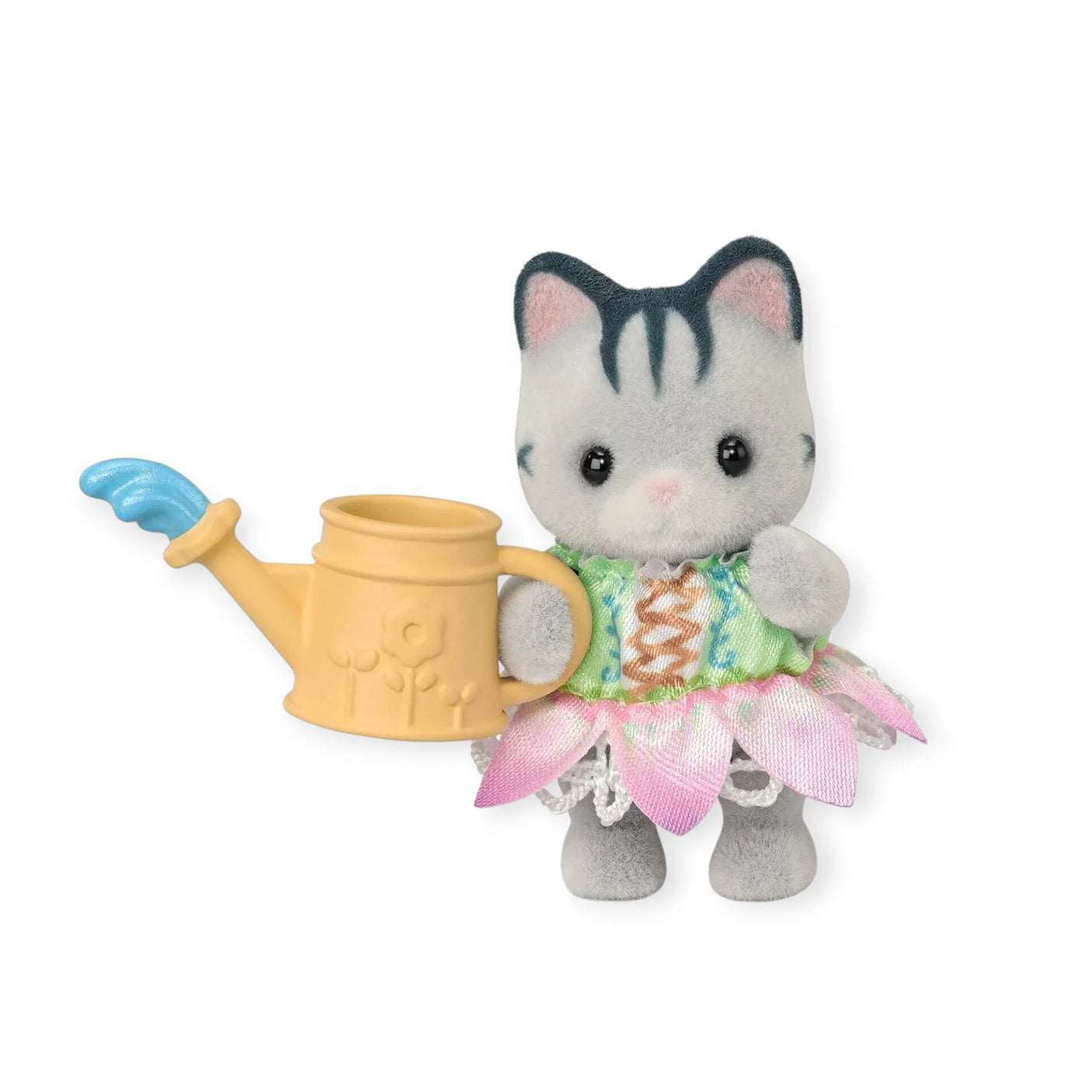 A Sylvanian Families Blind Bag from the Blooming Baby Friends collection features a toy cat in a colorful outfit, holding a yellow watering can with a blue spout.