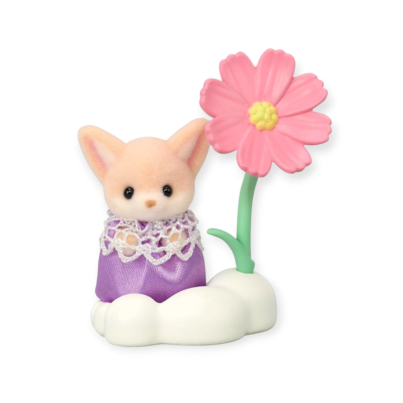 Unbox a Sylvanian Families Blind Bag – Blooming Baby Friends and discover a charming toy figurine: a small animal in a lace-trimmed purple dress, perched on a white cloud with a pink flower.