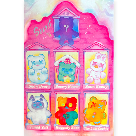 Colorful cartoonish bears and a bunny with button eyes displayed in pink house-shaped frames with names below each character