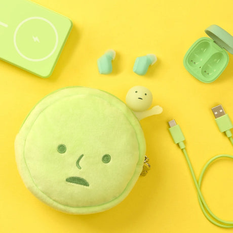 Round plush cushion pouch keychain with light green face, smile and keyring