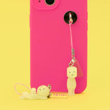 Smiski strap keychain with pink cords, metal rings, and small yellow character charms