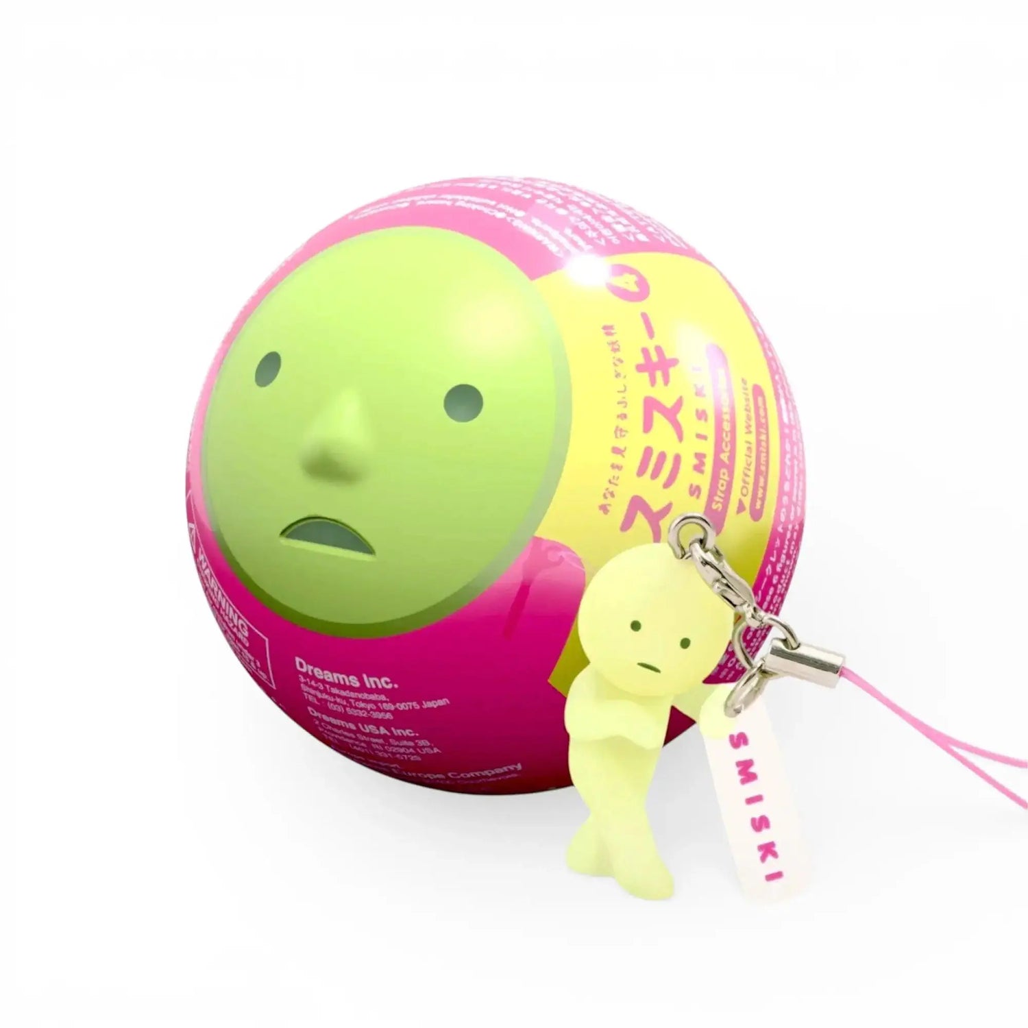 Green Smiski strap keychain figure with pink cord, metal ring, and hanging charm