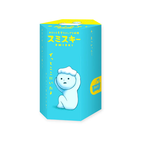 A Smiski Bath Series - Blind Box from the Smiski brand features a blue box showcasing a glow-in-the-dark cartoon figure with a towel on its head, sitting pensively, along with text in both Japanese and English.