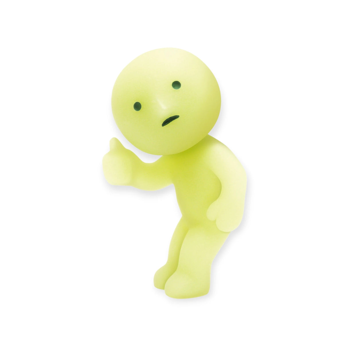 The Smiski At Work Series - Blind Box by Smiski includes a delightful small, green, humanoid figurine giving a thumbs-up gesture. This charming collectible embodies whimsy and features an enchanting glow-in-the-dark effect.