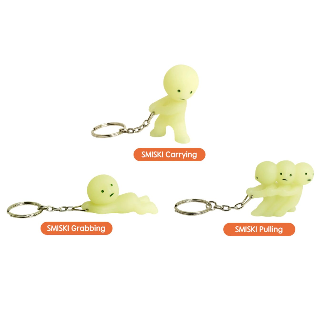 Keep track of your keys effortlessly with the Smiski Keychain - Pulling Key Figure set, featuring one figure carrying a chain, another lounging while holding it, and a trio working together—all glowing in the dark.