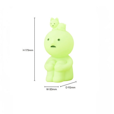 The Smiski Touch Light by Smiski includes a glowing green figure with a cat on its head, making it an ideal nightlight. It has dimensions of 173mm in height, 83mm in width, and 92mm in depth and is touch-activated for added convenience and charm.