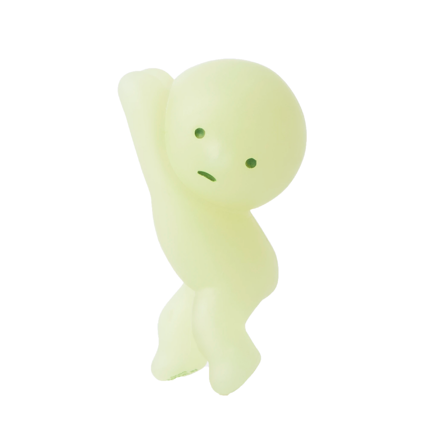 A Smiski ZipperBite - Hanging On, a green, featureless humanoid figure from Smiski, strikes a playful pose with its Glow in the Dark effect making it stand out.