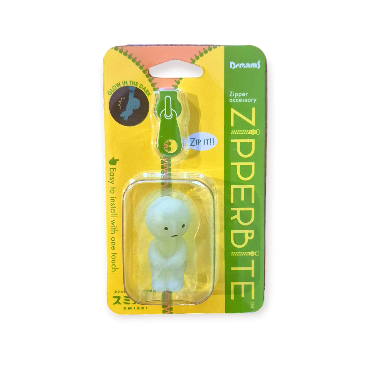 The Smiski ZipperBite - Hugging Knees by Smiski is a glow-in-the-dark zipper accessory that features vibrant green and yellow packaging with playful illustrations and text.