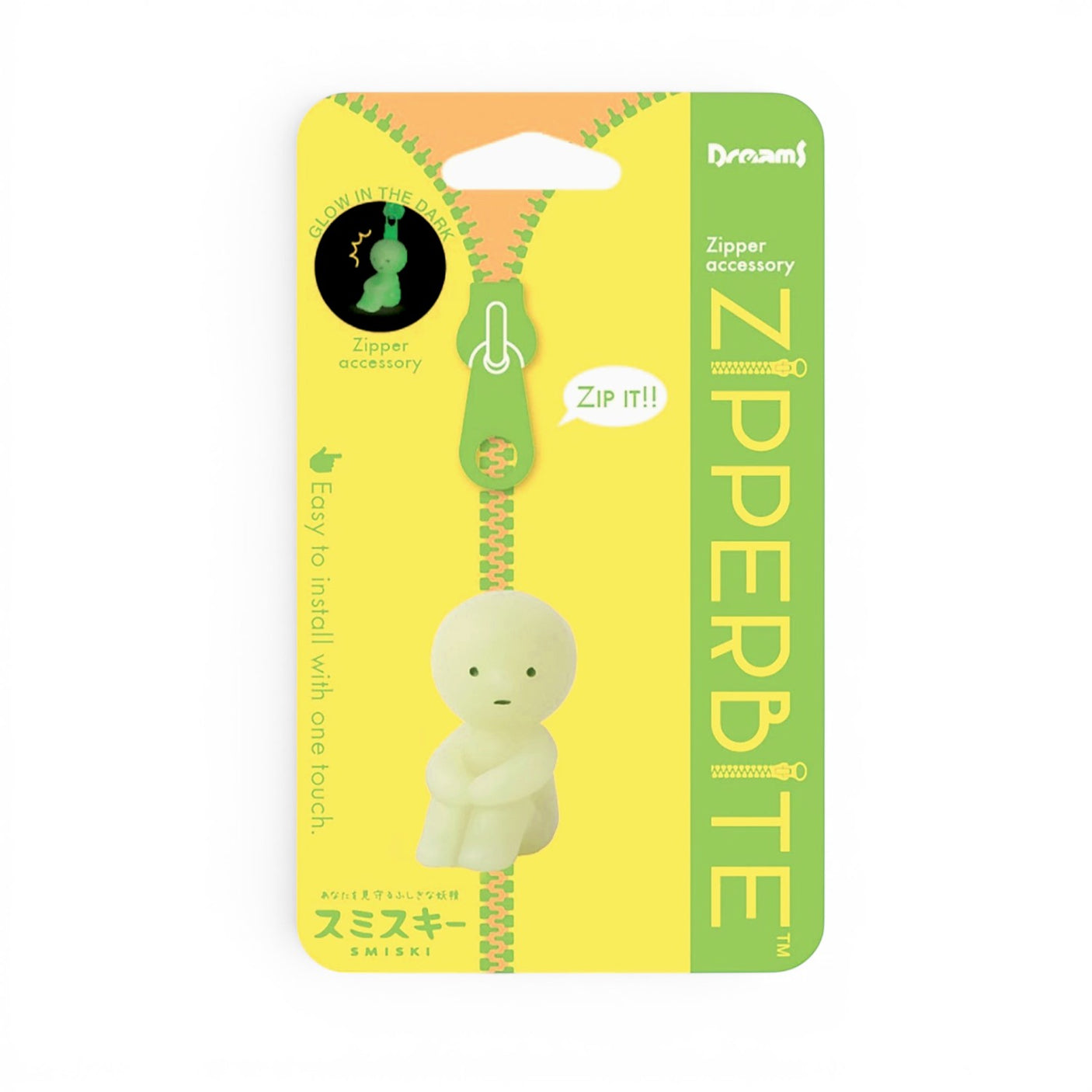 Zipper pull accessory with small green character figure, in Dream packaging