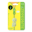 The packaging for the Smiski ZipperBite - Hugging Knees glow-in-the-dark zipper accessory features a small, green character with the text "Easy to install with one touch" and "Zip it!" set against a vibrant yellow background.