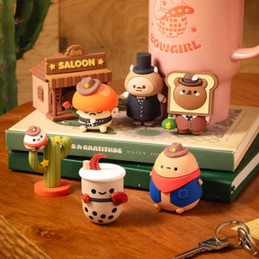 Wild West blind box character figures, including a bear in blue overalls and cowboy hats