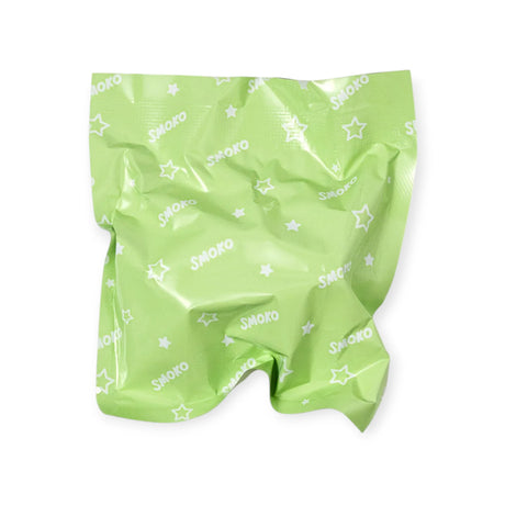 Crinkled light green Smoko Kawawa Turtles blind box packaging with white stars and logo pattern on white background