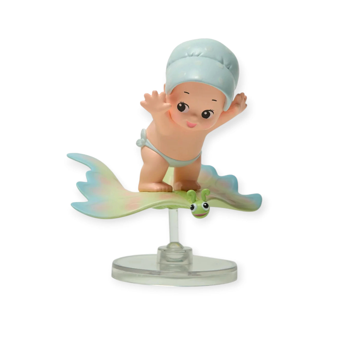 Kewpie blind box figurine: baby in teal swimsuit sitting on winged leaf stand