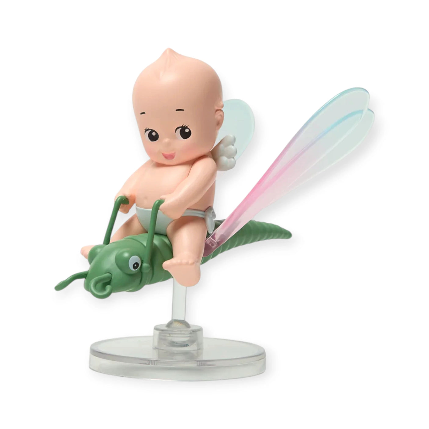 Kewpie blind box figurine: baby holding a green plant, standing on clear base