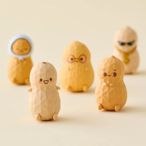 Five playful Smoko Peanut Familia Blind Box figures with varied expressions and accessories on a soft beige background.