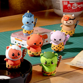 Blind box chibi character figures set, multiple animal-faced figures in colored outfits