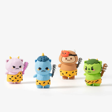 Four Smoko Roni And Oni Bunch Blind Box vinyl figures, featuring playful monster designs with spiked clubs and yellow shorts, are displayed on a white background—fun collectibles for any Smoko fan.