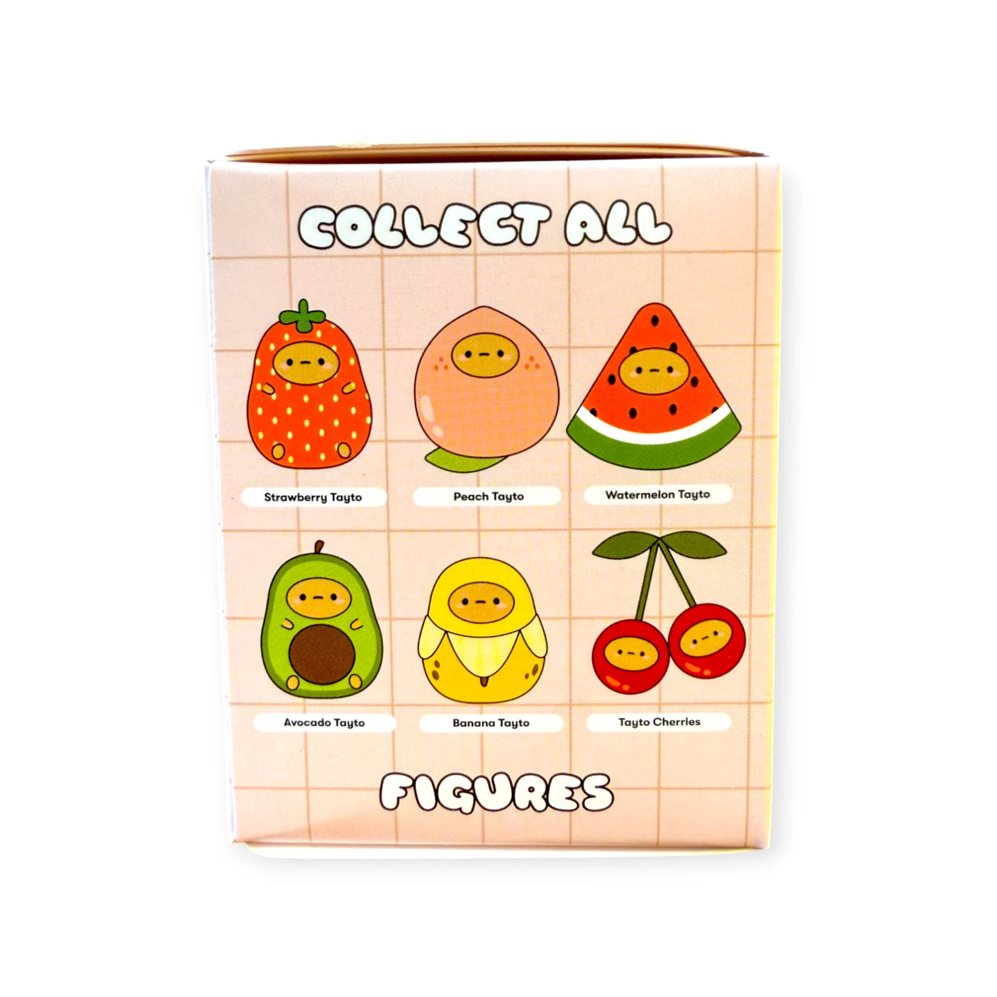 Smoko Tayto Fruit Blind Box by Smoko features six collectible vinyl figures: Strawberry, Peach, Watermelon, Avocado, Banana Tayto, and Tayto Cherries.
