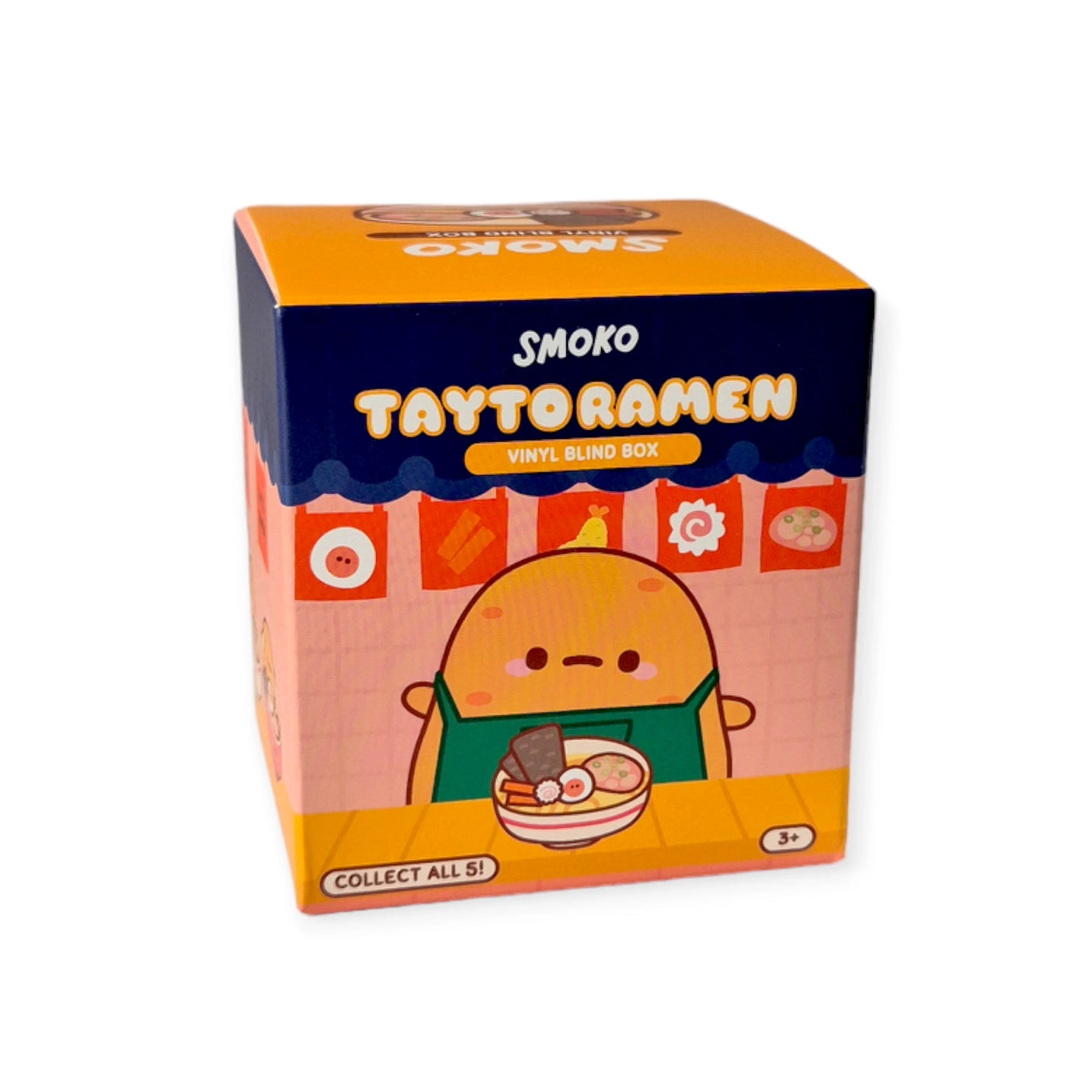 Box of Smoko Tayto Potato Ramen Blind Box showcasing an adorable vinyl figure of a cartoon character holding a bowl of ramen from the Smoko brand.