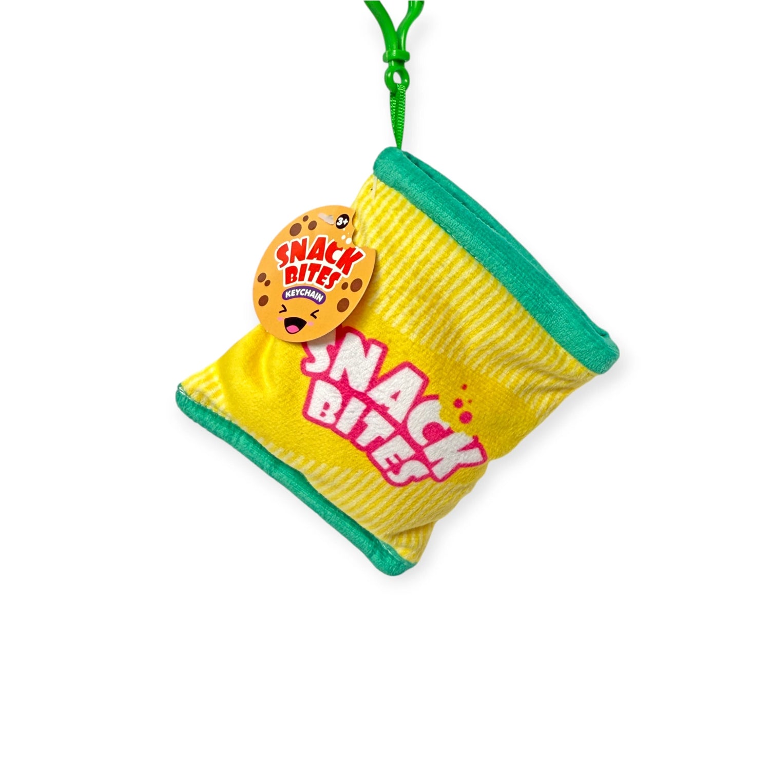 The Snack Bites Bag Charm by Bensons is a charming yellow and green fabric toy pouch with playful branding. Attached to a green string, its round tag mirrors the brand style, complementing your snack favorites with its delightful design.