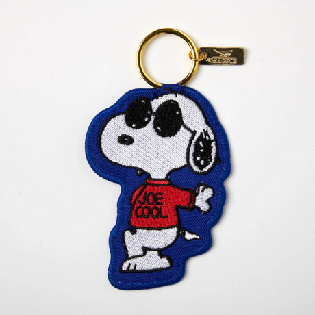 Snoopy key charm with embroidered face and blue hoodie, red “JOE COOL” shirt