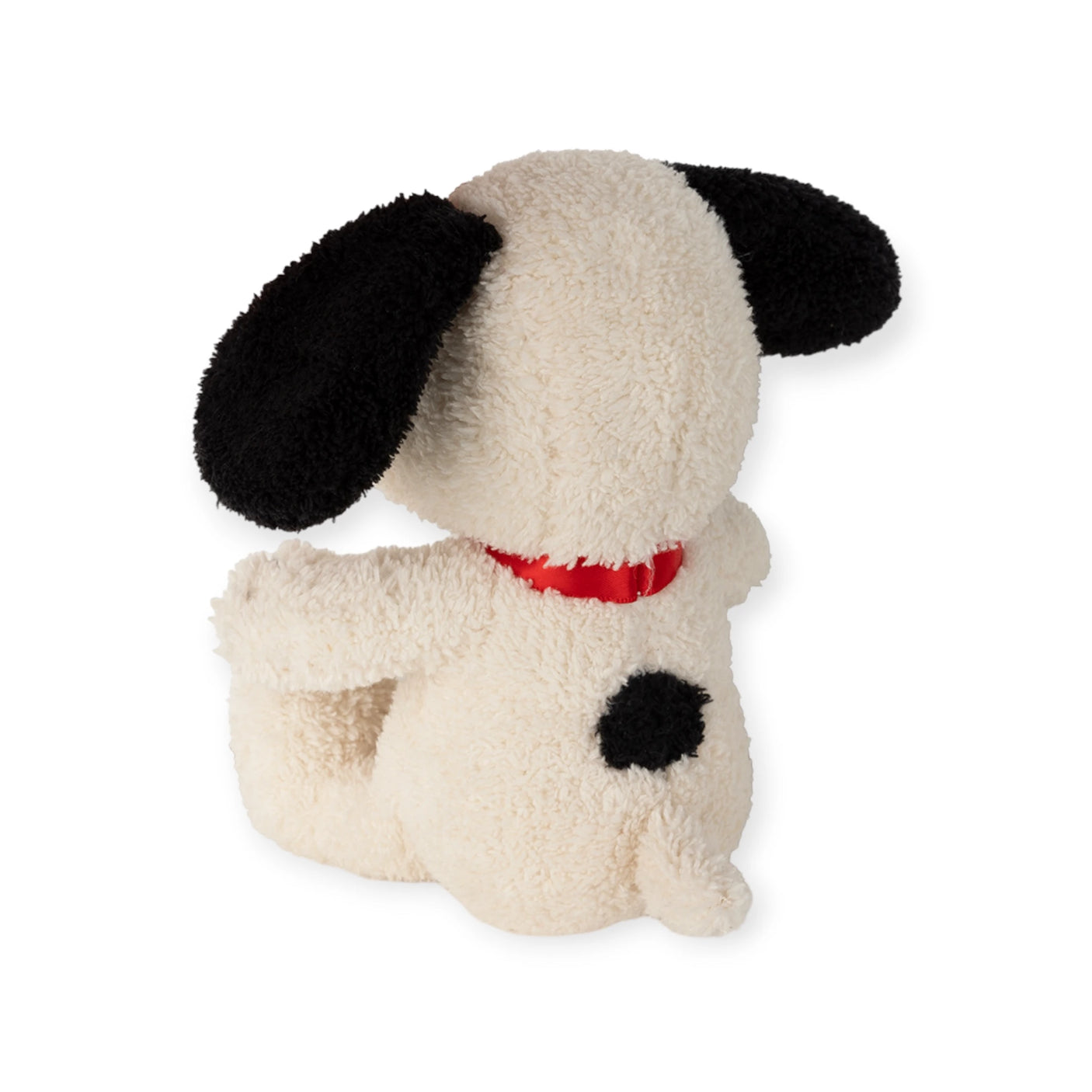 Back view of the Snoopy Plush 17cm - Terry Cream, featuring black ears, a red collar, and a delightful black spot on its back. This charming plush toy is crafted from recycled polyester and is set against a white background.