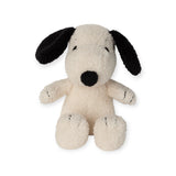 The Snoopy Plush 17cm - Terry Cream features a beagle with a white body and black ears, sitting upright against a plain background. Made by the brand Snoopy from recycled polyester, this delightful toy embodies the playful charm of Peanuts while being eco-friendly.