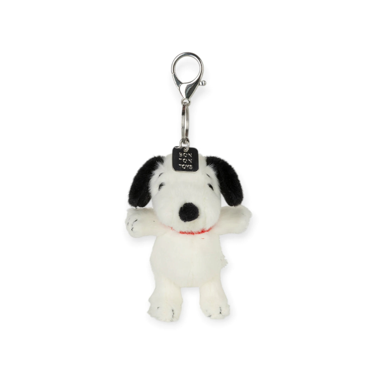 Fuzzy Snoopy keychain with metal clip and ring, front-facing plush dog
