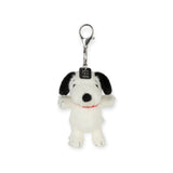 Fuzzy Snoopy keychain with metal clip and ring, front-facing plush dog