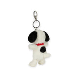 Fuzzy Snoopy keychain with metal clip and ring, back-facing plush dog