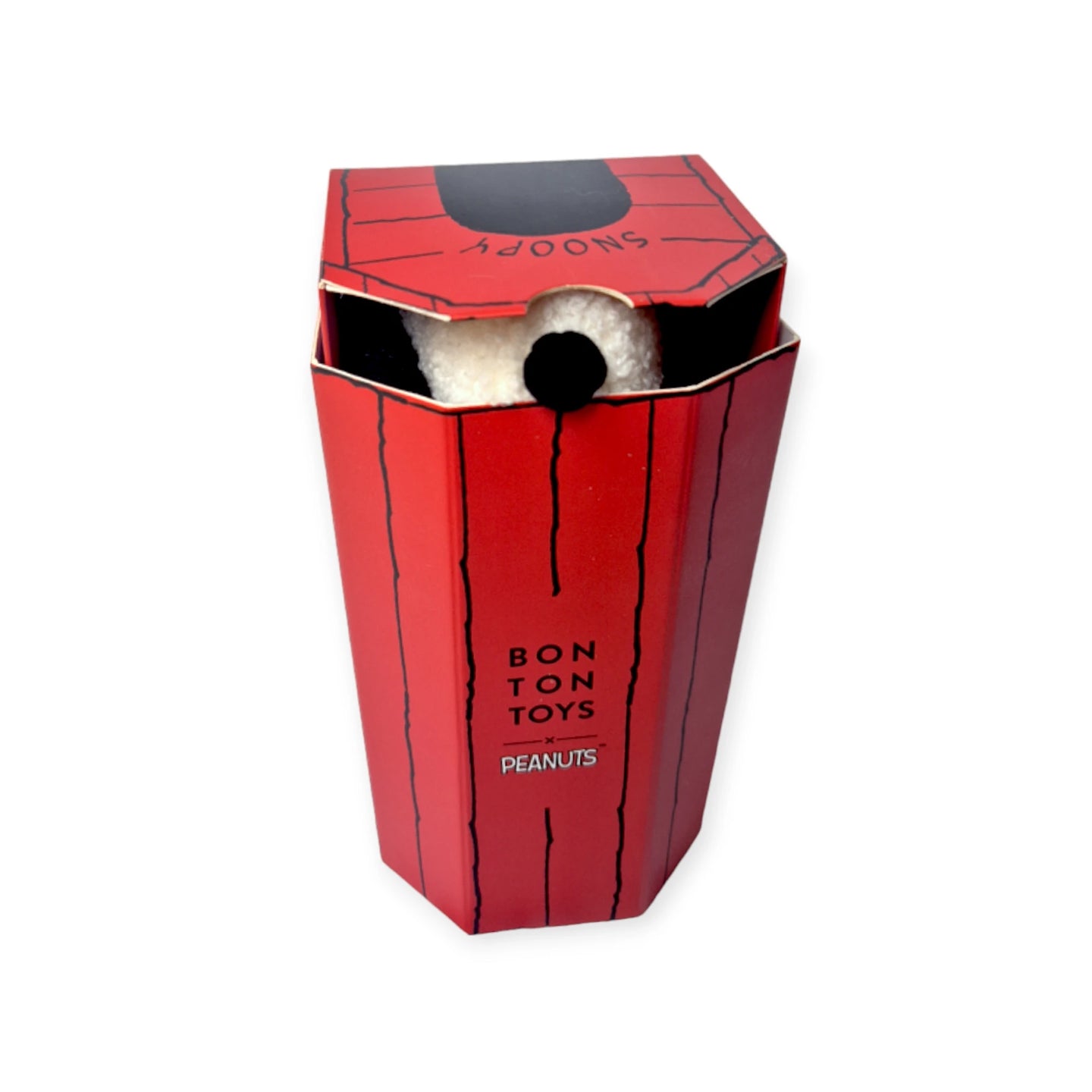 Red Snoopy doghouse gift box with black face plush peeking from top opening