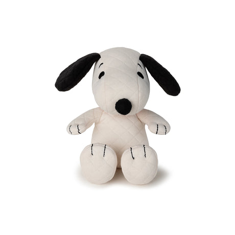 The Snoopy Quilted Plush in Gift Box, featuring its signature black ears and nose, sits upright against a white background, making it an ideal choice for any Peanuts fan.