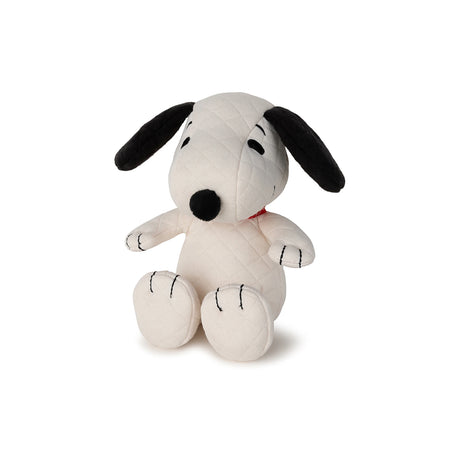 The Snoopy Quilted Plush in Gift Box – 17cm is a delightful stuffed toy for any Peanuts fan, showcasing a quilted white body, black ears, and a red collar. The plush sits upright against a plain background.