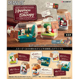 Box of "Snoopy Blind Box - Happiness with Snoopy" sets showcasing six miniature scenes in jars featuring Snoopy and other beloved Peanuts characters. This Re-Ment product includes charming illustrations and detailed information, perfect for enthusiasts of Peanuts collectibles.