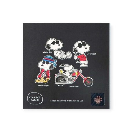 Snoopy Joe Cool - Enamel Pin packaging featuring Snoopy in various outfits including Joe Cool and Moto Joe by Snoopy.