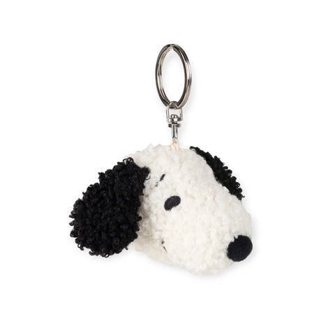 Snoopy's Snoopy Head Keychain 4.5cm - Soft Terry features a plush terrycloth design shaped like a dog's head, complete with black ears and spots, all attached to a sturdy metal ring.