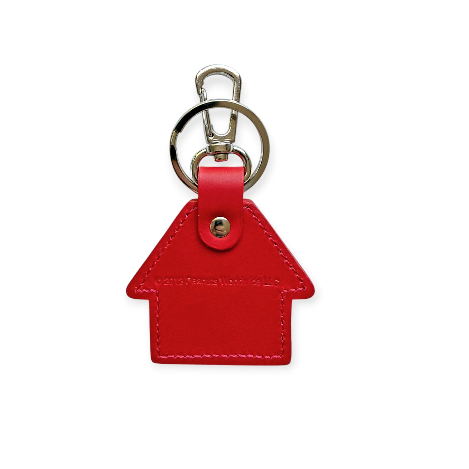 Red leather Snoopy kennel-shaped keychain with metal keyring and lobster clasp made in Japan