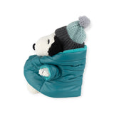 The Snoopy Plush in Puffer Jacket 20cm - Limited Edition from the Peanuts collection features a charming side profile, wearing a teal puffer jacket and a gray knit hat with a pom-pom. This beloved stuffed animal dog by Snoopy is thoughtfully crafted using recycled polyester for sustainability.