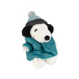 This limited edition 20cm Snoopy Plush from the Snoopy collection resembles a dog, wearing a gray beanie with a pom-pom and a teal winter coat. Made from recycled polyester, it is set against a crisp white background.