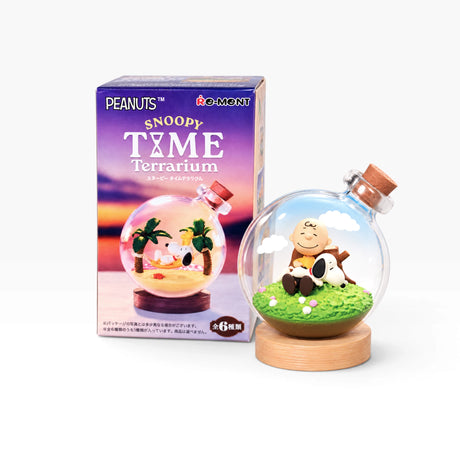 Snoopy terrarium blind box set with glass globe, figurine, and cork bottle base