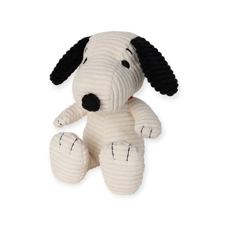 This delightful Snoopy Plush Sitting 19cm - Corduroy Cream is perfect for any Peanuts enthusiast, featuring an enchanting cartoon dog with a textured corduroy fabric body, black ears, and a charming black nose. Designed to sit upright, it makes an adorable companion for cuddles or display.