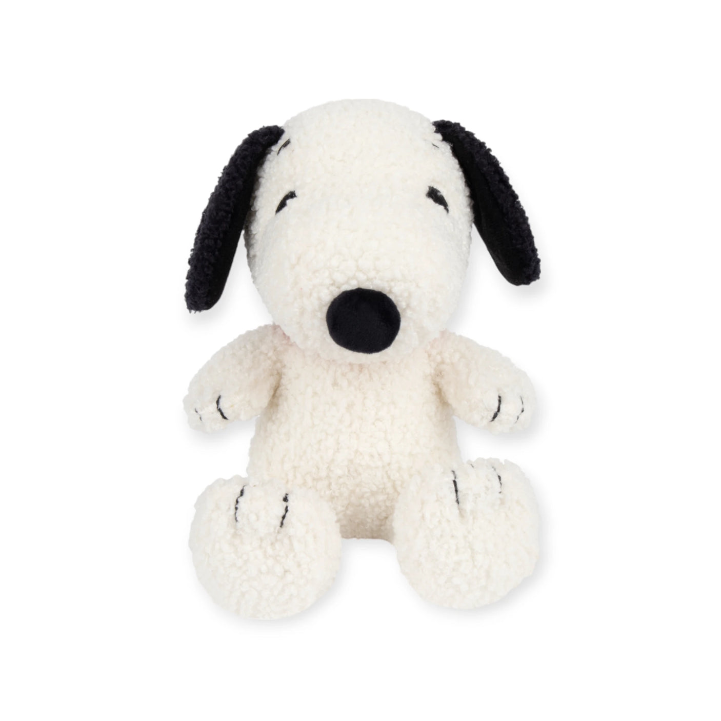 The Snoopy Plush Sitting 20cm - Terry Cream from the Snoopy brand features black ears, a black nose, and closed eyes as it sits upright against a plain white background. This plush is filled with recycled polyester for a soft and sustainable touch.