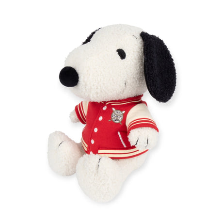 This charming Snoopy Plush Varsity Jacket 22cm - Limited Edition from the Snoopy brand is a delightful toy, featuring a red and white varsity jacket while sitting upright.