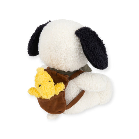 A Snoopy Plush Woodstock Backpack from the Snoopy brand features a white Snoopy plush with black ears and includes a small yellow toy. This backpack is 20cm in size.