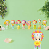 Lineup of flower-themed mini figures with one larger flower-head figure in front