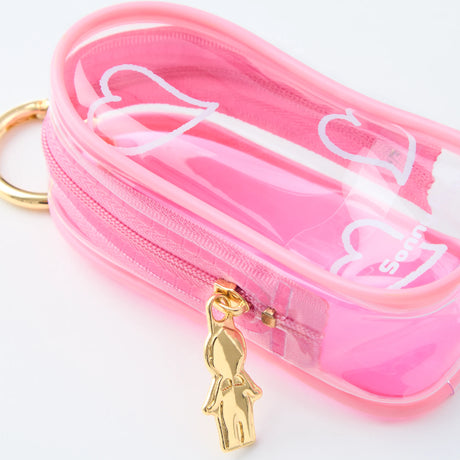 The Sonny Angel My Bestie Case - Purple by Sonny Angel is a small, transparent purple zippered pouch with a gold figure-shaped keyring—ideal for carrying your favorite collectibles.