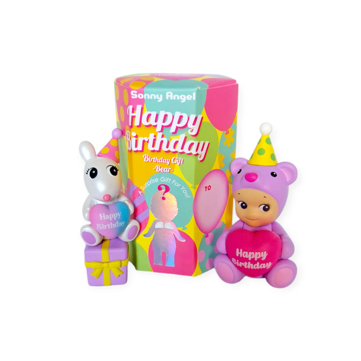 The Sonny Angel Birthday Bear Gift set includes two figures: a Happy Birthday Bear and a bunny-themed one, each with festive hats and "Happy Birthday" signs. They come in a vibrant birthday-themed box, making them an ideal gift.