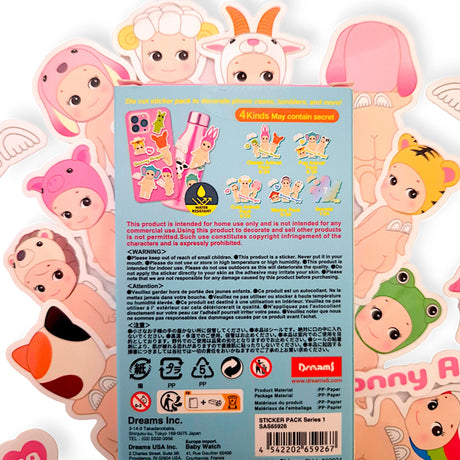 Introducing our delightful Sonny Angel Blind Box - Sticker Pack Series 1, featuring whimsical cartoon characters dressed in charming animal costumes such as a frog, pig, lamb, and bear. Inspired by classic Sonny Angel designs, these stickers are available in a surprise Blind Box. The packaging includes detailed product information and a warning for those ages 15 and up.