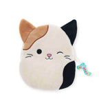 Introducing the Squishmallows Calico Cat Plush Case: a delightful plush toy by Squishmallows, showcasing a smiling cat face with a charming black and brown design, accented by pointy ears and equipped with an official Squishmallows Calico Cat tag—ideal for storing small treasures like pencils.